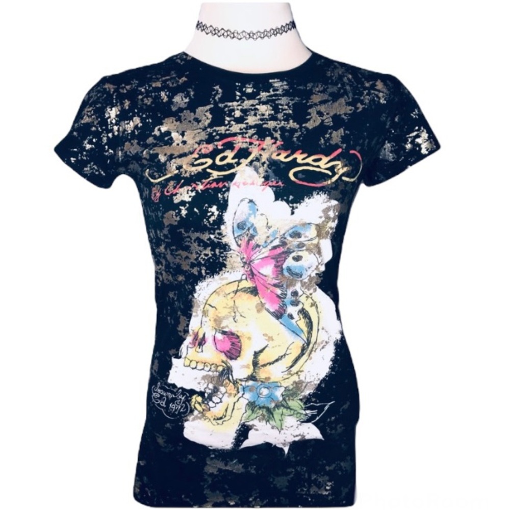 Ed Hardy Y2K Butterfly Skull tattoo art biker witchy baddie shirt black Medium